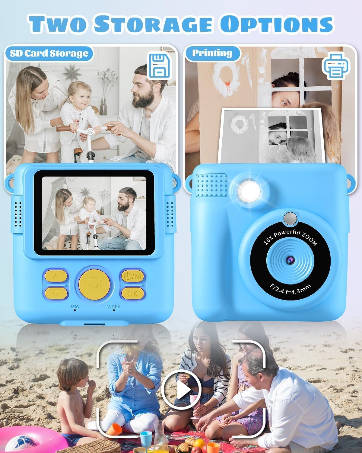 Instant Print Camera and Digital Video Recorder for Kids Birthday Holiday Gifts