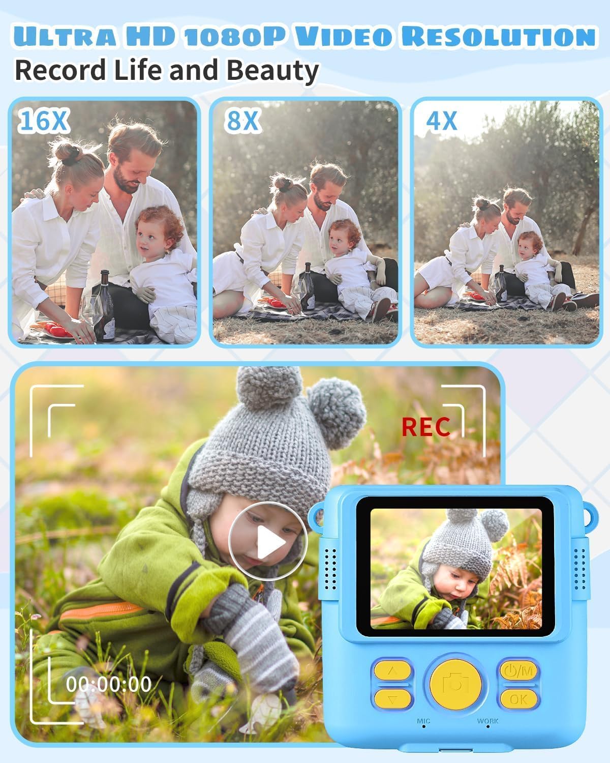 Instant Print Camera and Digital Video Recorder for Kids Birthday Holiday Gifts