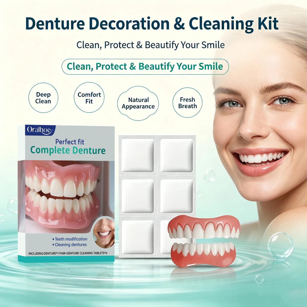 Cosmetic Denture Kit and Fake Teeth Set for Covering Missing or Stained Teeth