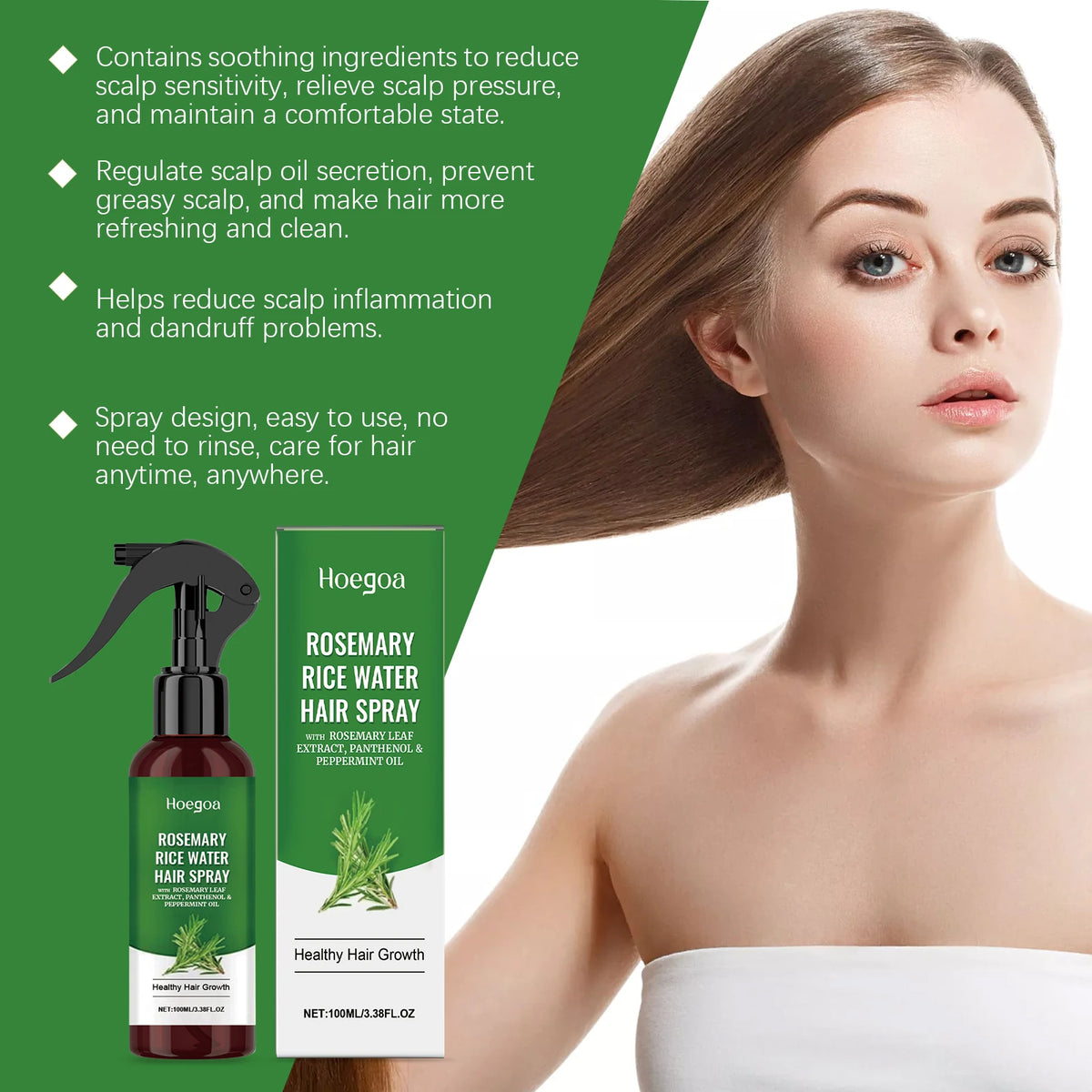 Rosemary Rice Water Hair Spray and Leave In Conditioner for Dry Frizzy Hair