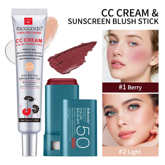 Color Correcting CC Cream and Sunscreen Blush Stick for Daily Radiant Makeup Look