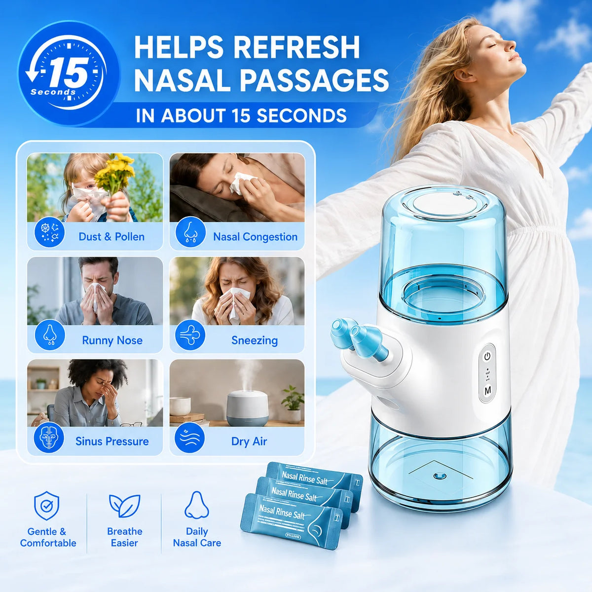 Electric Nasal Irrigator and Sinus Rinse Device for Daily Congestion Relief