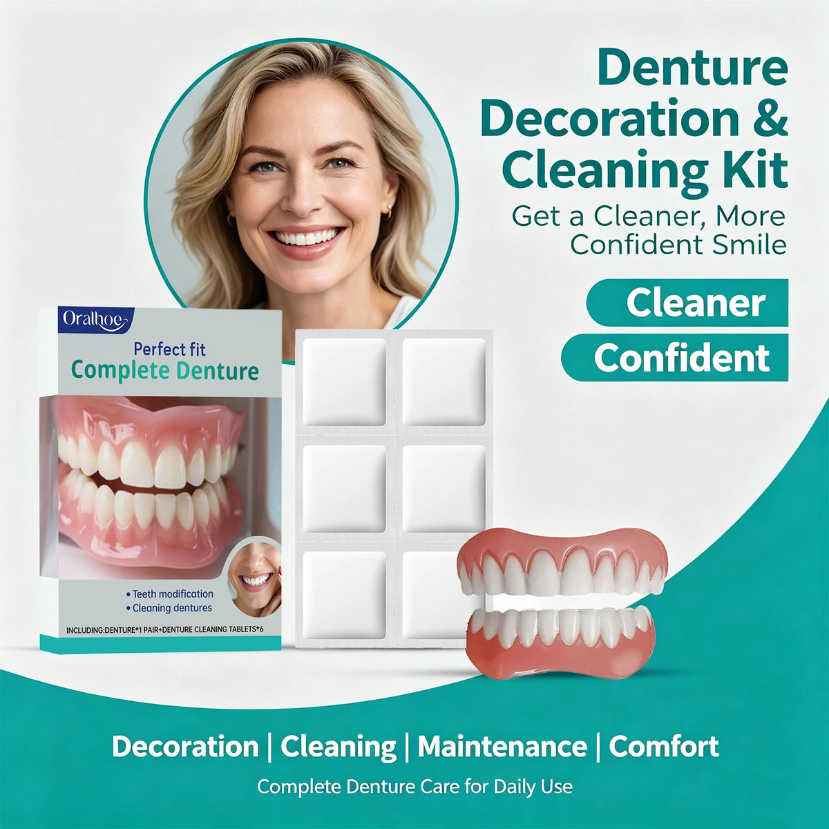 Cosmetic Denture Kit and Fake Teeth Set for Covering Missing or Stained Teeth