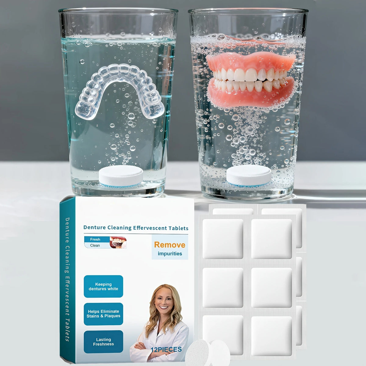 Denture Cleaning Tablets and Effervescent Soak Kit for Daily Dental Hygiene