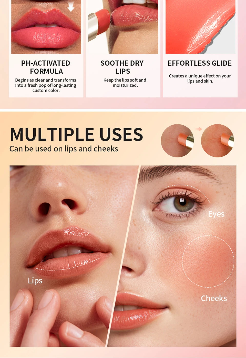 Lip and Cheek Stain and pH Color Changing Balm for Natural Daily Makeup Looks