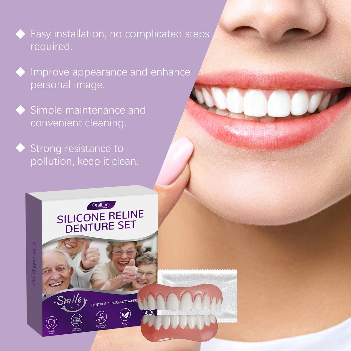 Cosmetic Denture Kit and Fake Teeth Set for a Natural Smile and Confident Look