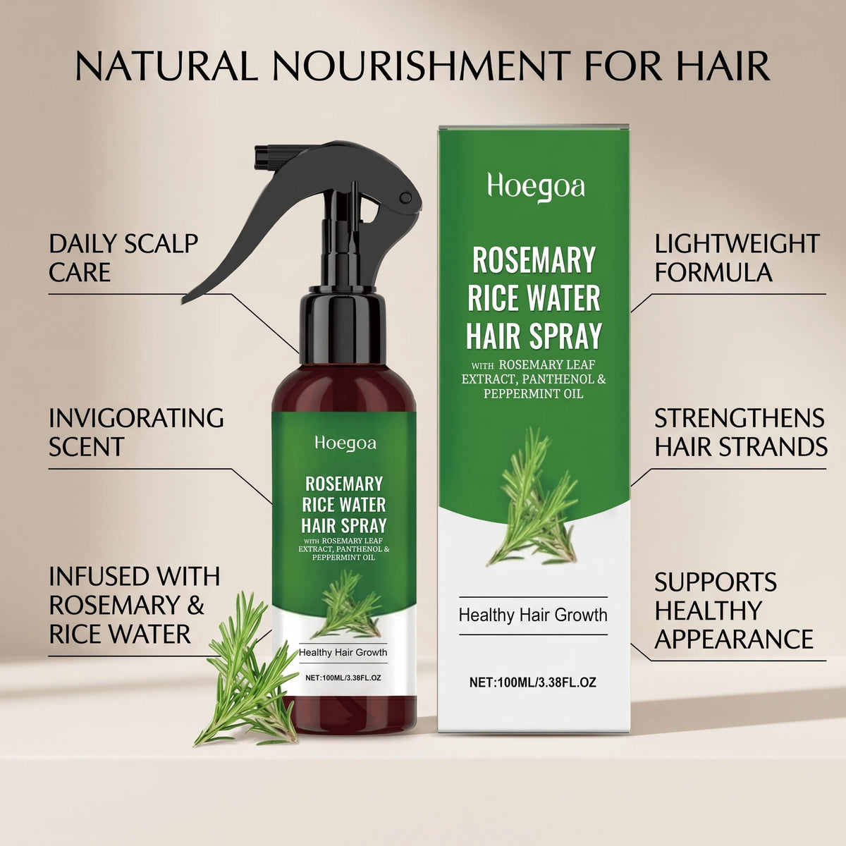 Rosemary Rice Water Hair Spray and Leave In Conditioner for Dry Frizzy Hair