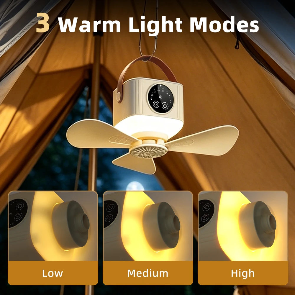 Portable Ceiling Fan and Hanging Tent Light for Camping Dorms and Bedrooms