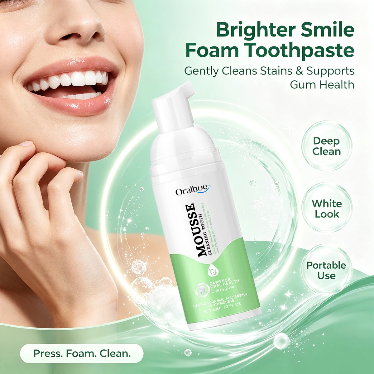 Whitening Foaming Toothpaste and Dental Mousse for Daily Teeth Stain Removal