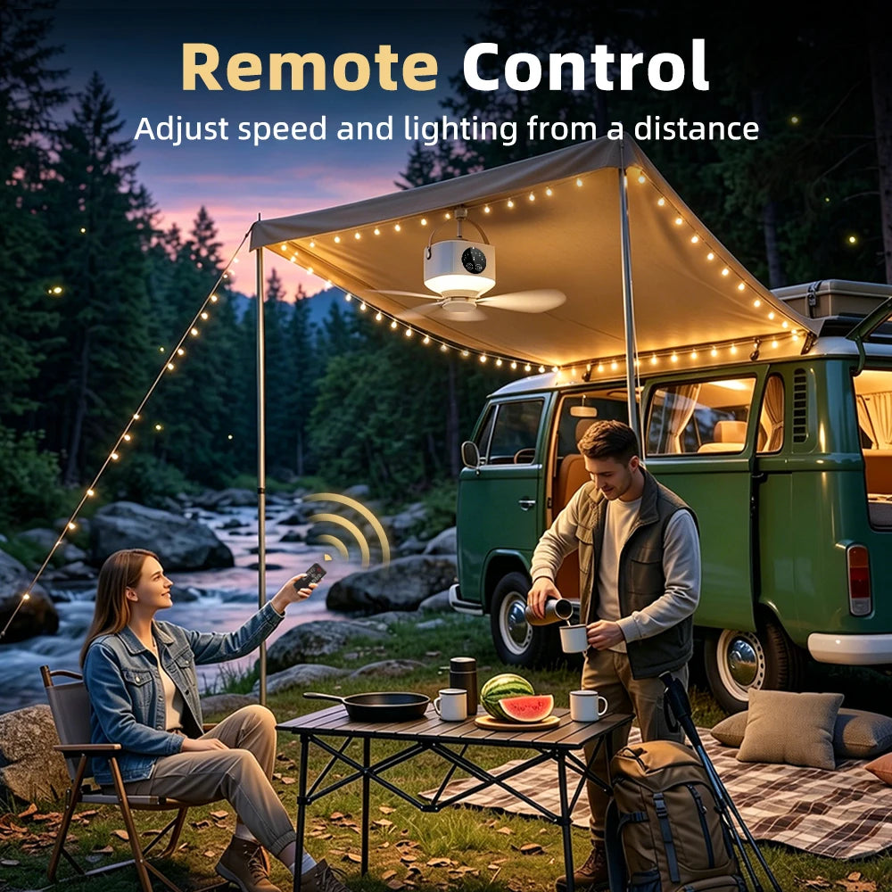 Portable Ceiling Fan and Hanging Tent Light for Camping Dorms and Bedrooms