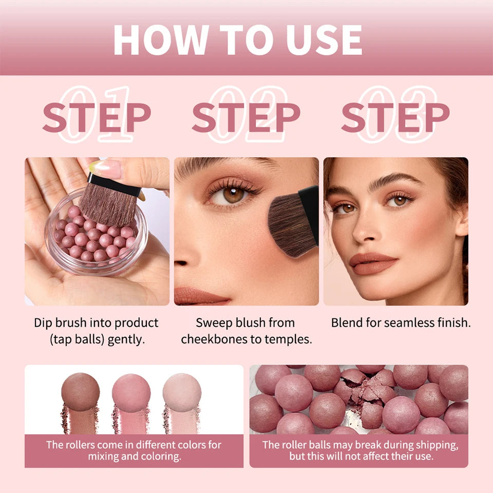 Roller Blush and Shimmer Powder Beads for Natural Glowing Cheek Makeup