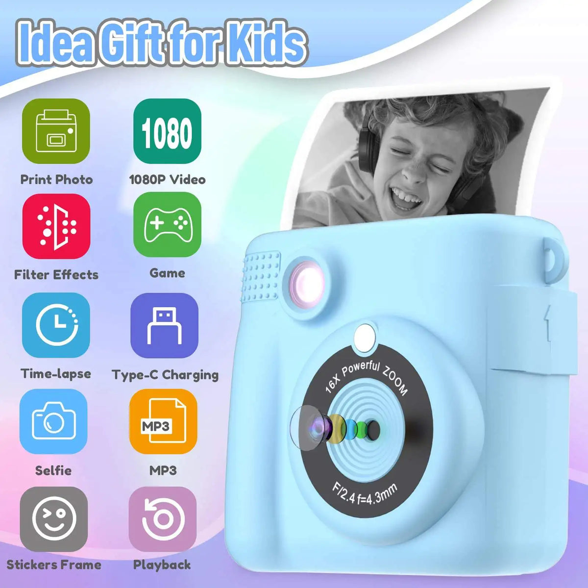 Instant Print Camera and Digital Video Recorder for Kids Birthday Holiday Gifts