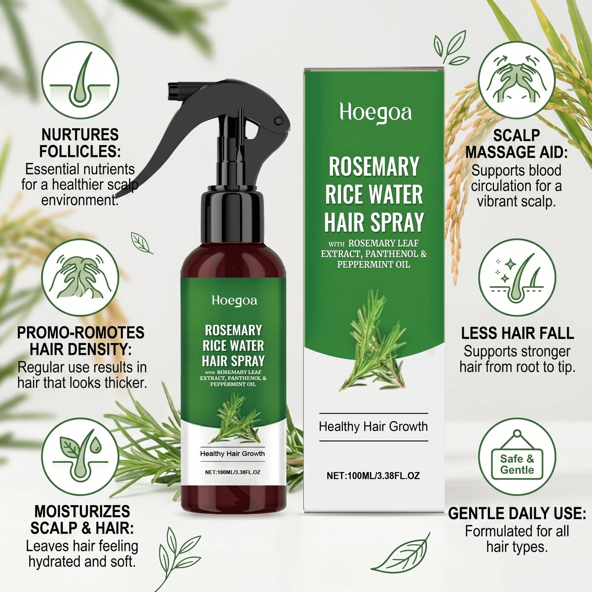 Rosemary Rice Water Hair Spray and Leave In Conditioner for Dry Frizzy Hair