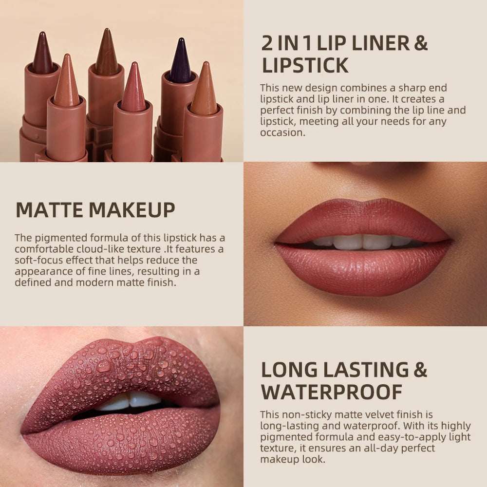 Matte Lip Liner and Lipstick Pen for Long Lasting Waterproof Daily Makeup Look