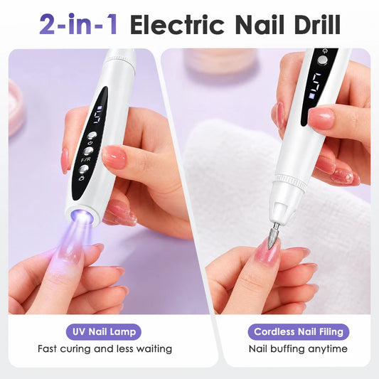 Electric Nail Drill and UV Light Curing Pen for Professional Home Manicure Routine