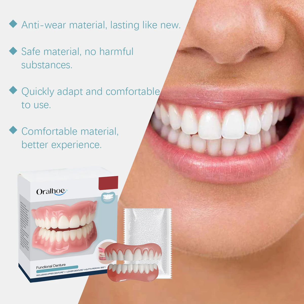 Soft Silicone Denture Kit and Fake Teeth Set for Natural Smile and Tooth Restoration